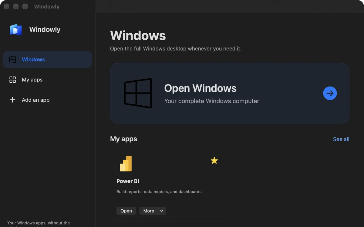 Windowly home screen with Windows apps