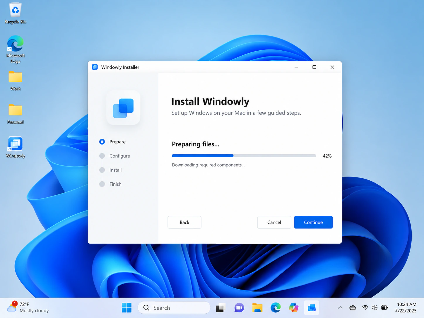 Écran d’installation de Windowly sur macOS